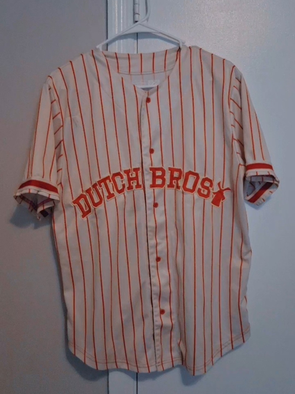 Dutch Bros Cream and Orange Pinstripe Baseball Jersey
